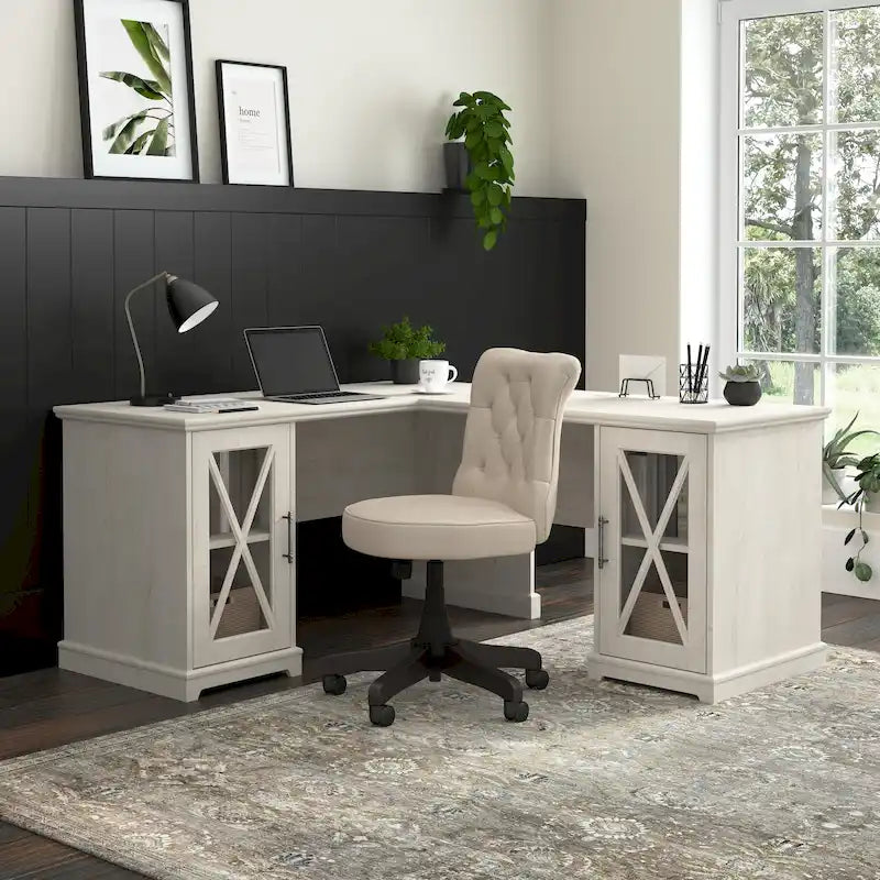 Farmhouse L-Shaped Desk with Storage Cabinets