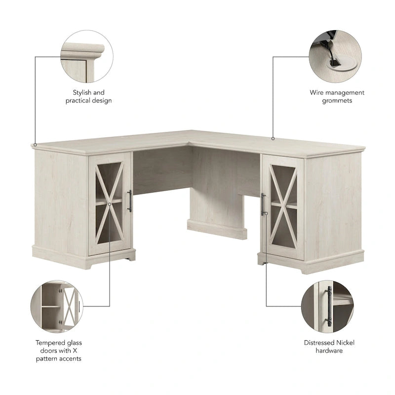 Farmhouse L-Shaped Desk with Storage Cabinets