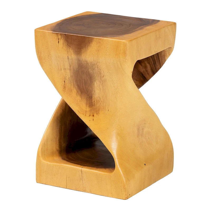 Hand-carved Suar Wood Side Table - Sculptural Accent Table with Twist Design, Modern Boho Style for Living Room or Bedroom