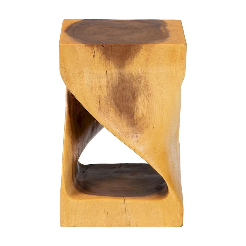 Hand-carved Suar Wood Side Table - Sculptural Accent Table with Twist Design, Modern Boho Style for Living Room or Bedroom