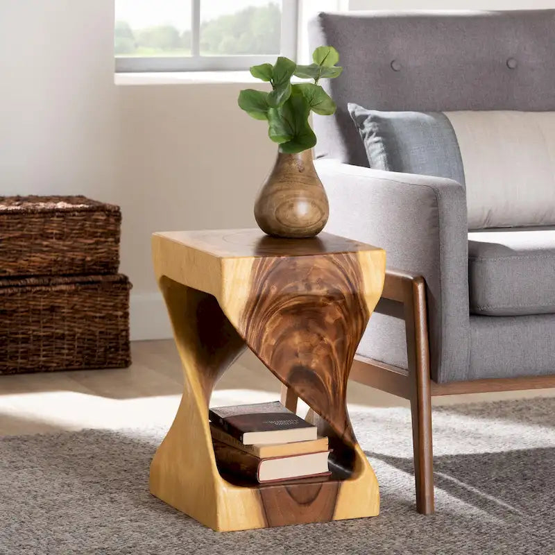Hand-carved Suar Wood Side Table - Sculptural Accent Table with Twist Design, Modern Boho Style for Living Room or Bedroom