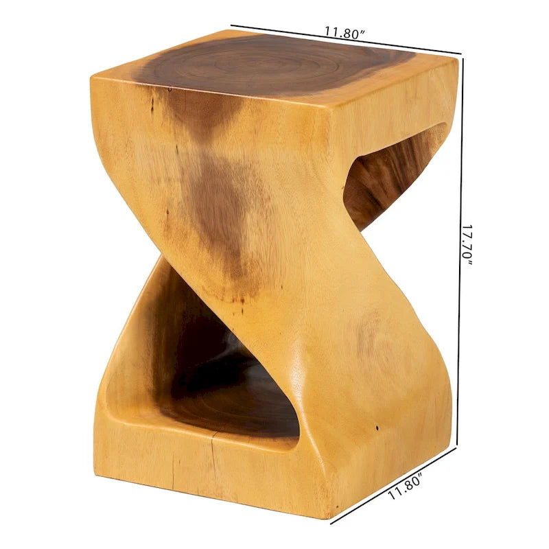 Hand-carved Suar Wood Side Table - Sculptural Accent Table with Twist Design, Modern Boho Style for Living Room or Bedroom
