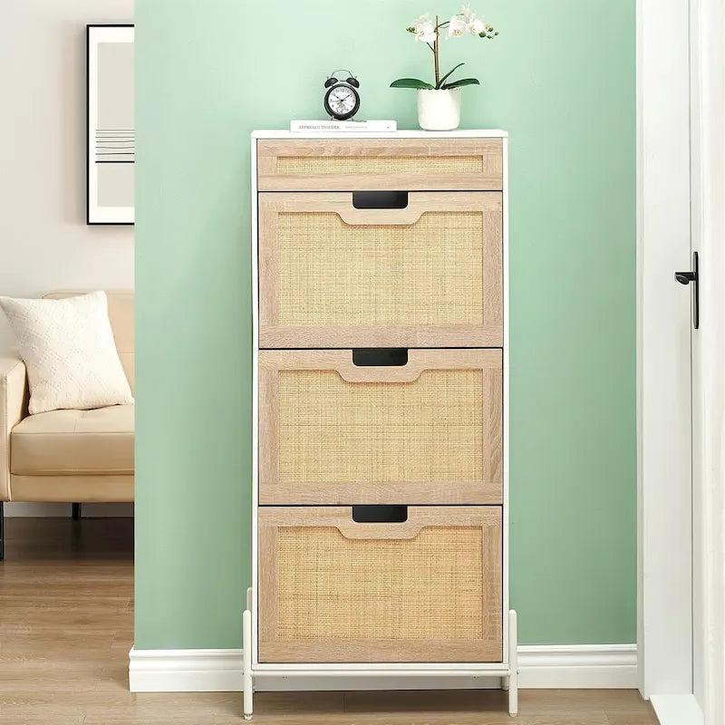 Rattan Shoe Cabinet for Entryway with Flip Drawers