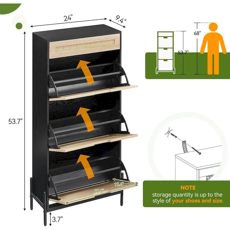 Rattan Shoe Cabinet for Entryway with Flip Drawers