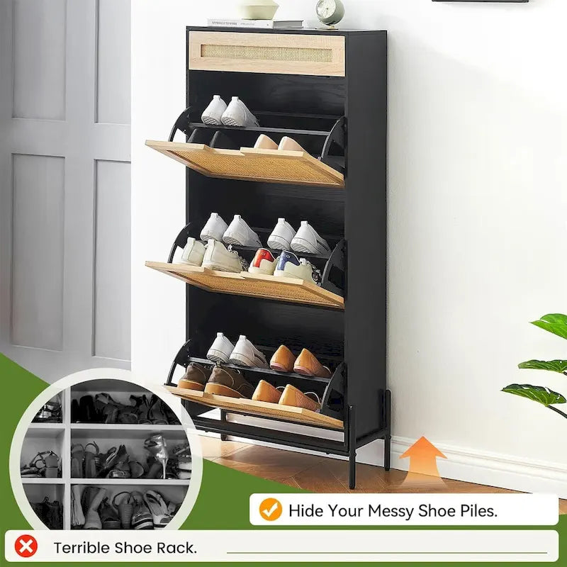 Rattan Shoe Cabinet for Entryway with Flip Drawers