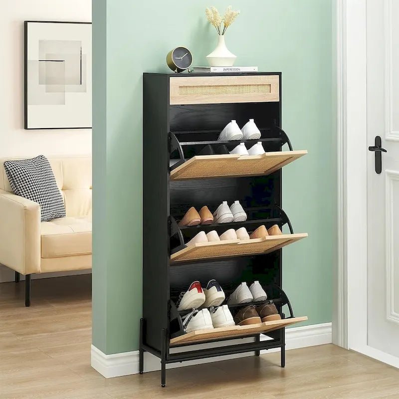 Rattan Shoe Cabinet for Entryway with Flip Drawers