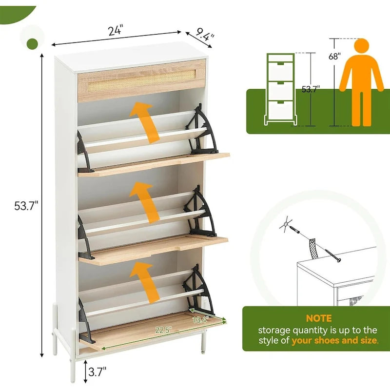 Rattan Shoe Cabinet for Entryway with Flip Drawers