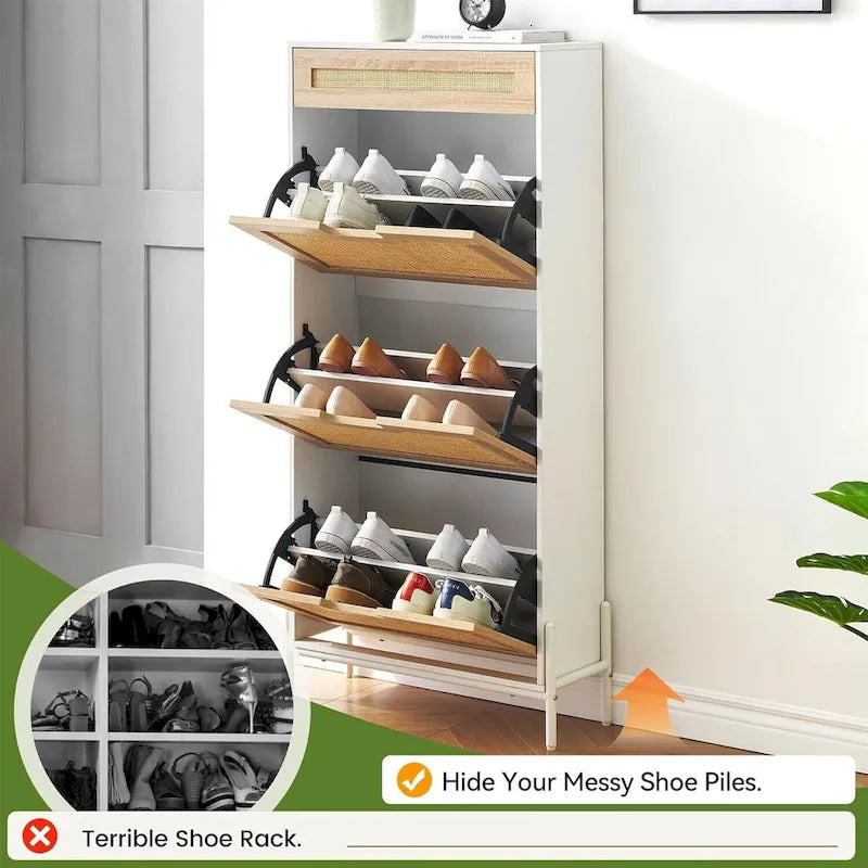 Rattan Shoe Cabinet for Entryway with Flip Drawers
