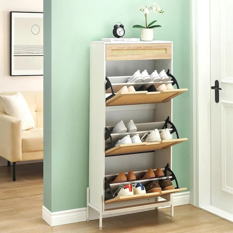Rattan Shoe Cabinet for Entryway with Flip Drawers