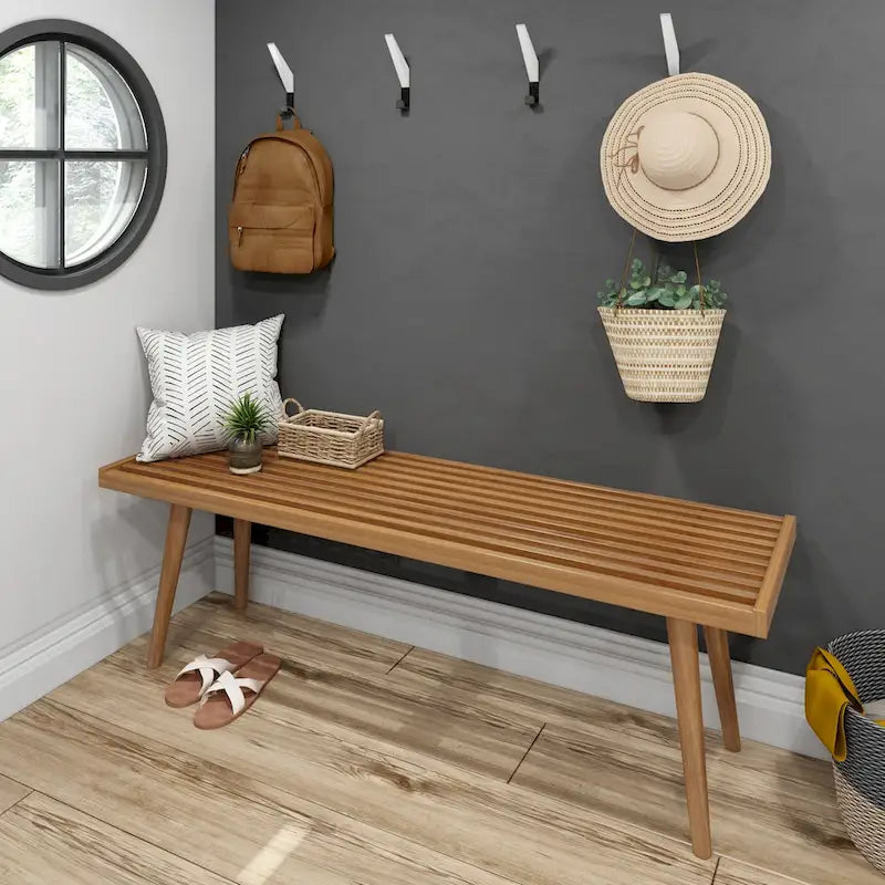Mid Century Double Wood Entryway Bench - 56.3 L x 16.5 W x 17.5 H