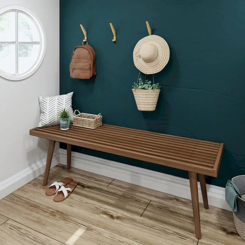 Mid Century Double Wood Entryway Bench - 56.3 L x 16.5 W x 17.5 H