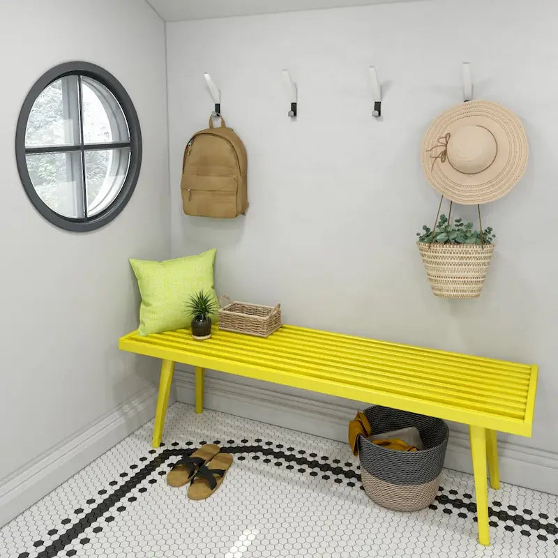 Mid Century Double Wood Entryway Bench - 56.3 L x 16.5 W x 17.5 H