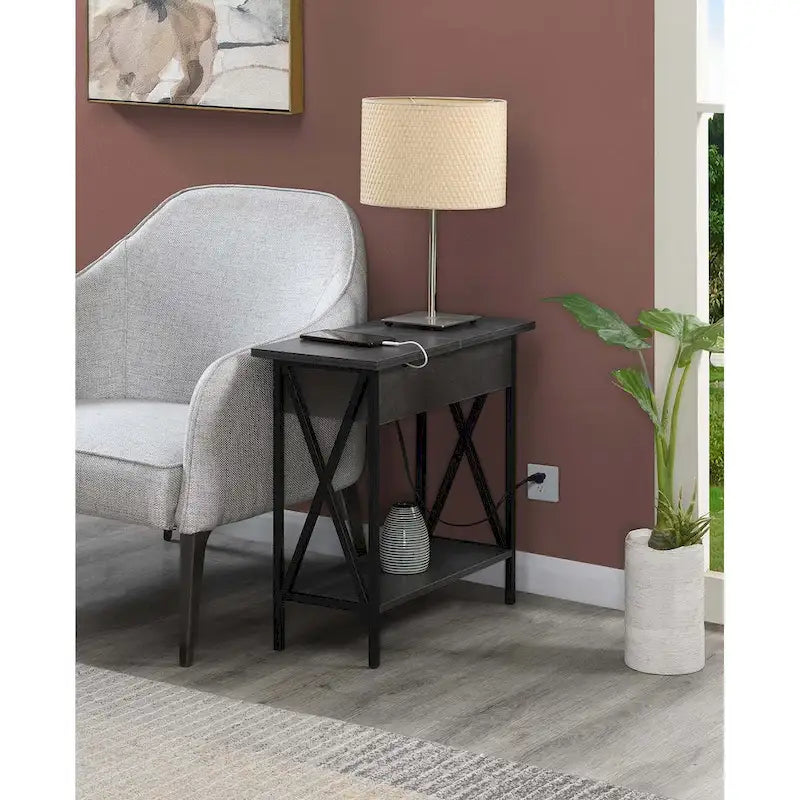 Table d'appoint à plateau relevable avec station de recharge et étagère