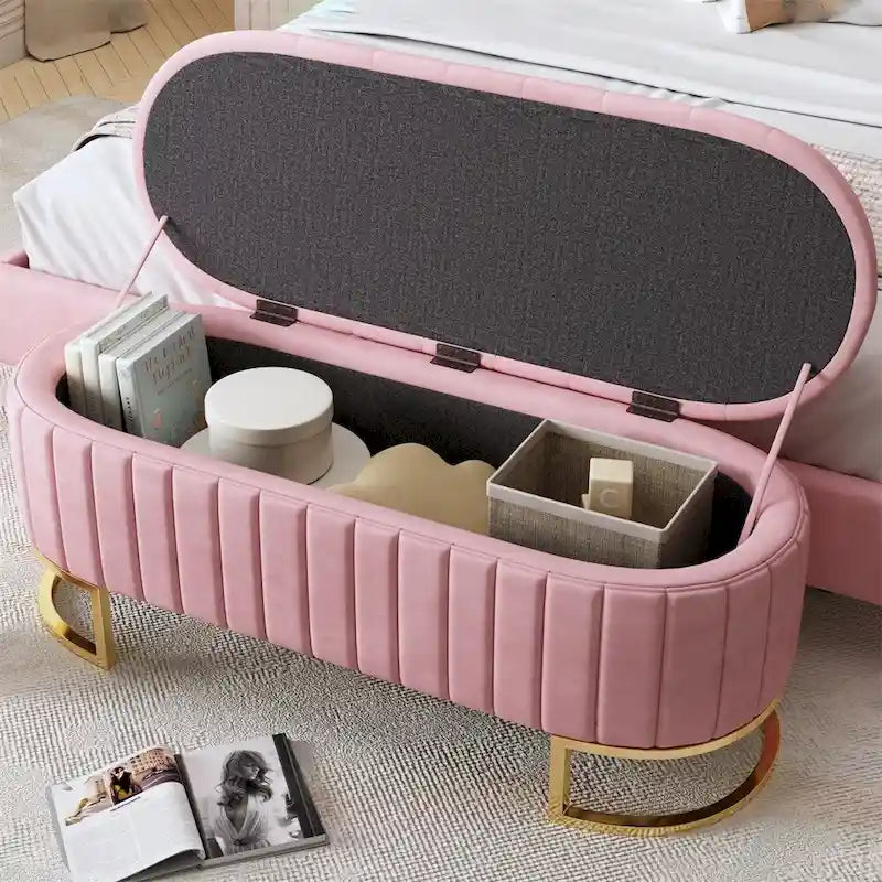 Upholstered Velvet Storage Ottoman with Button-Tufted