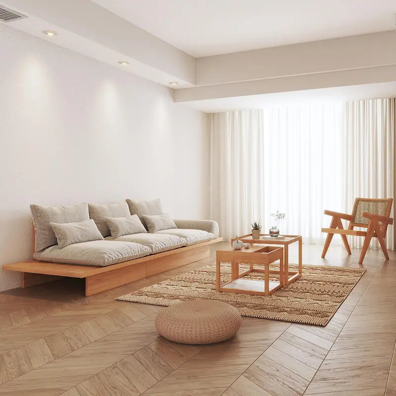 Beige Cotton Linen Sofa with Wood Frame and Storage
