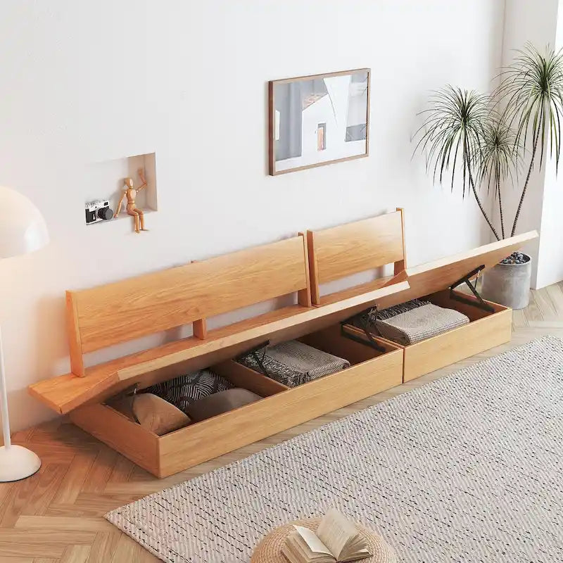 Beige Cotton Linen Sofa with Wood Frame and Storage
