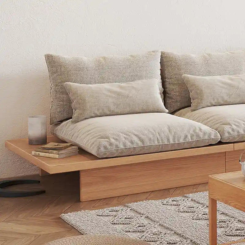 Beige Cotton Linen Sofa with Wood Frame and Storage