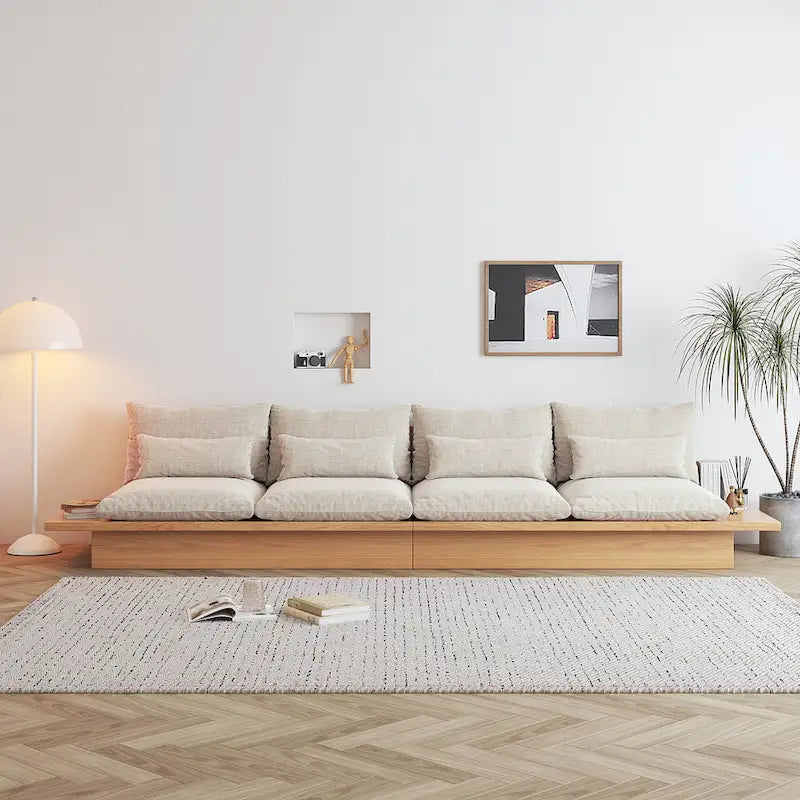Beige Cotton Linen Sofa with Wood Frame and Storage
