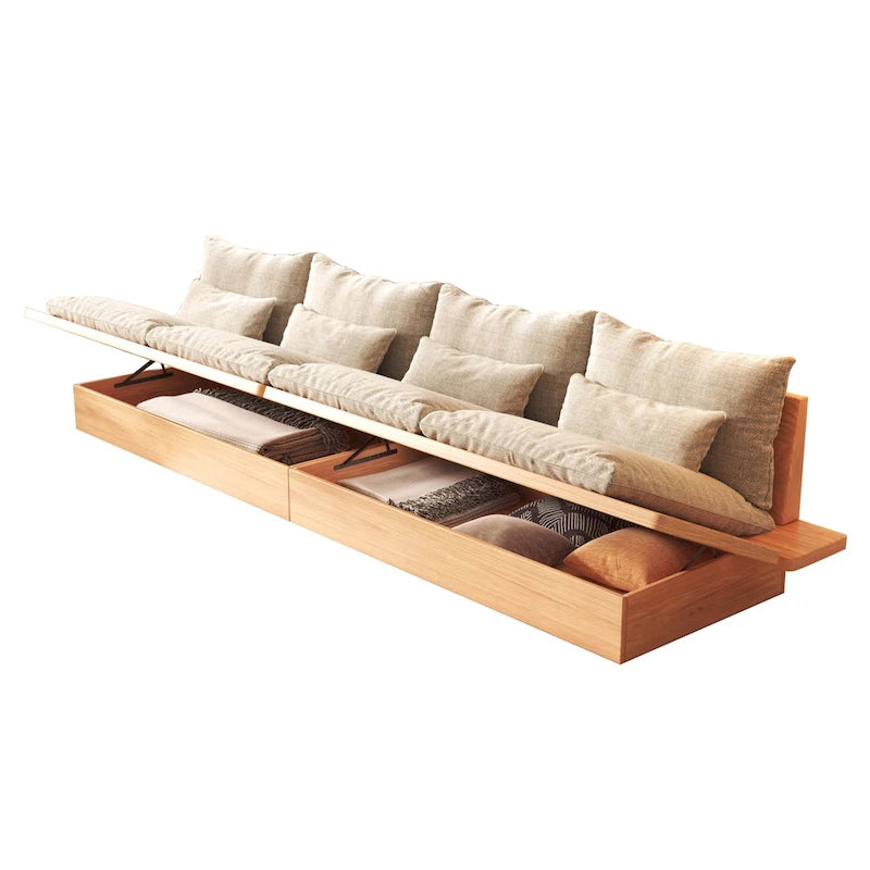 Beige Cotton Linen Sofa with Wood Frame and Storage
