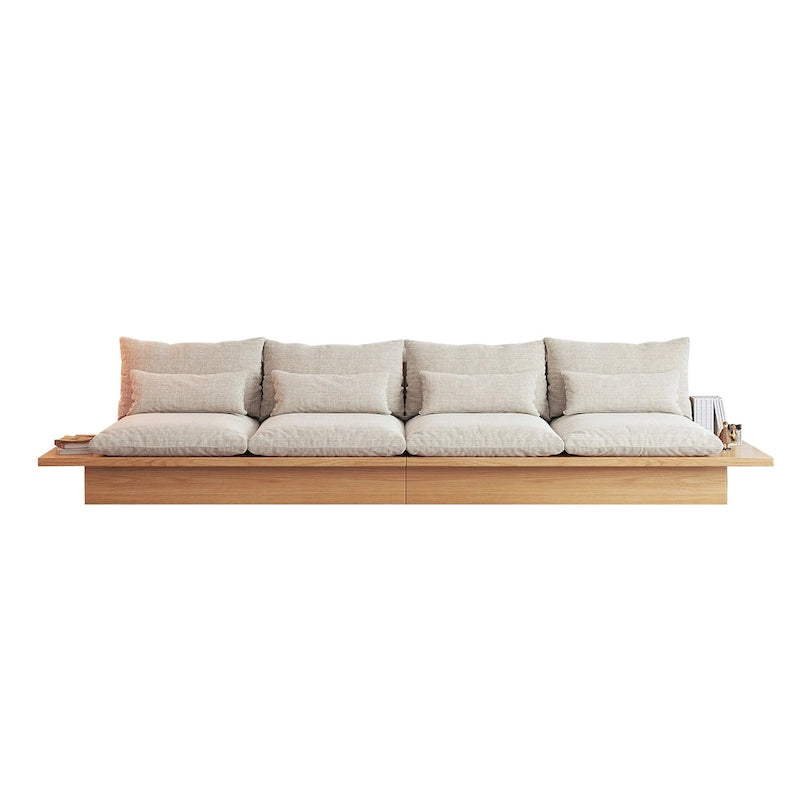 Beige Cotton Linen Sofa with Wood Frame and Storage