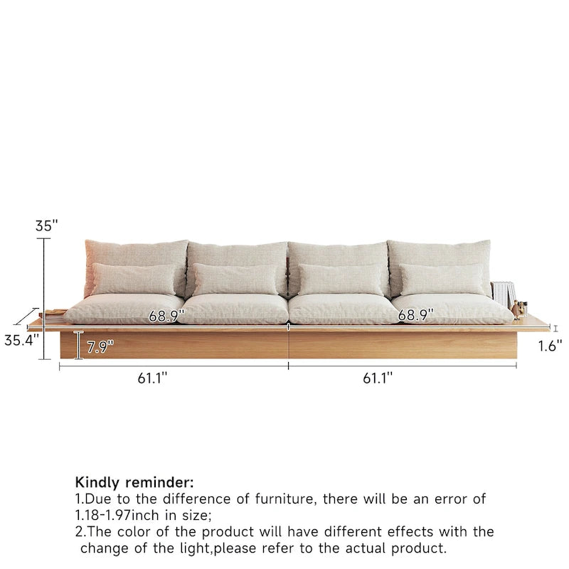 Beige Cotton Linen Sofa with Wood Frame and Storage