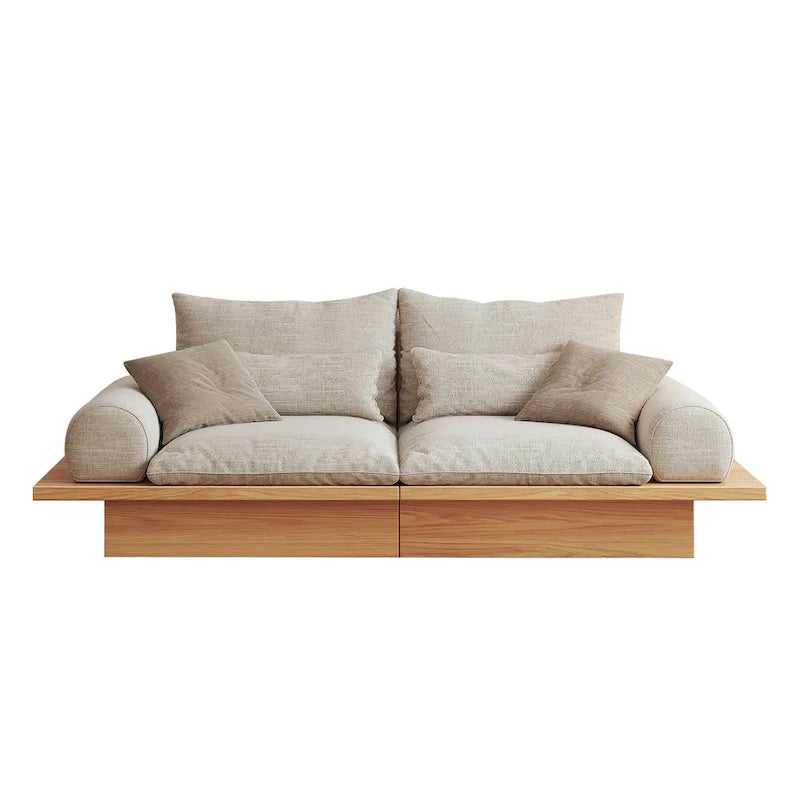 Beige Cotton Linen Sofa with Wood Frame and Storage