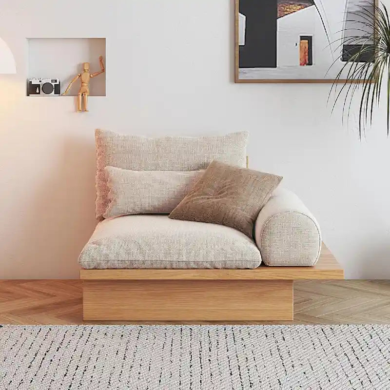 Beige Cotton Linen Sofa with Wood Frame and Storage