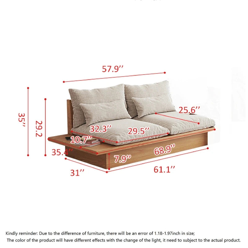 Beige Cotton Linen Sofa with Wood Frame and Storage