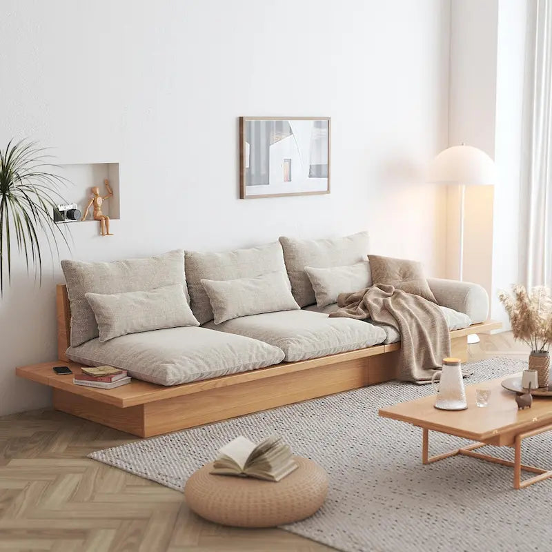 Beige Cotton Linen Sofa with Wood Frame and Storage