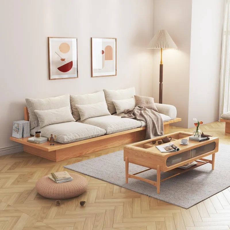 Beige Cotton Linen Sofa with Wood Frame and Storage