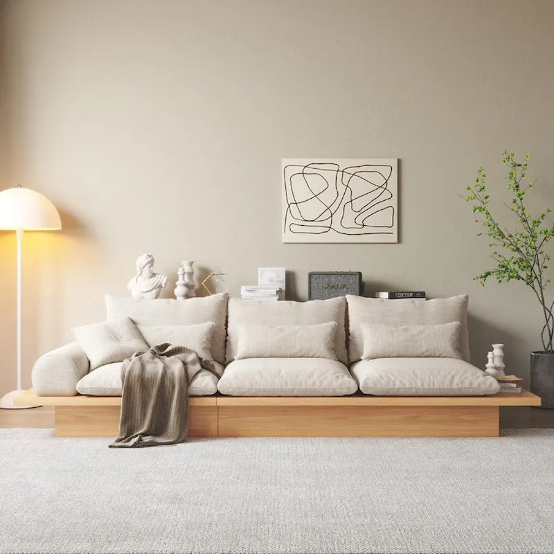 Beige Cotton Linen Sofa with Wood Frame and Storage