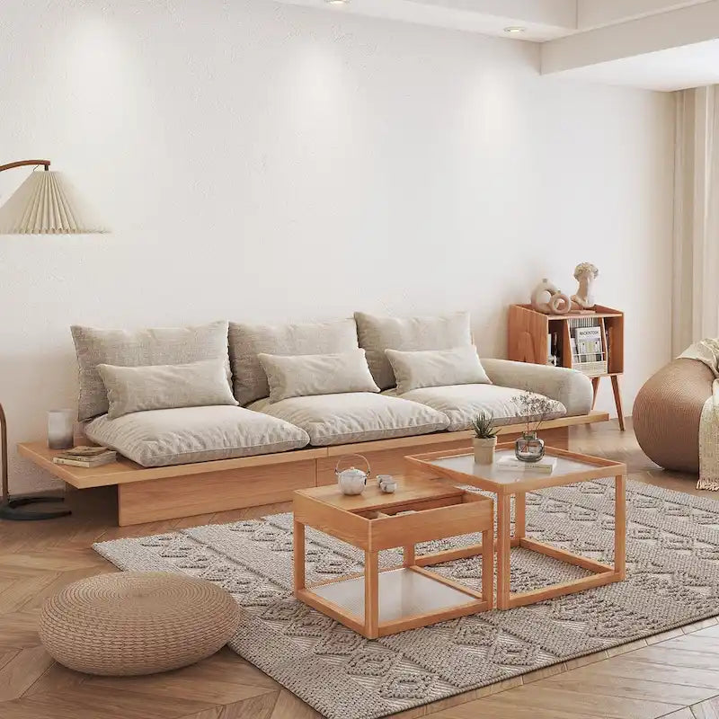 Beige Cotton Linen Sofa with Wood Frame and Storage