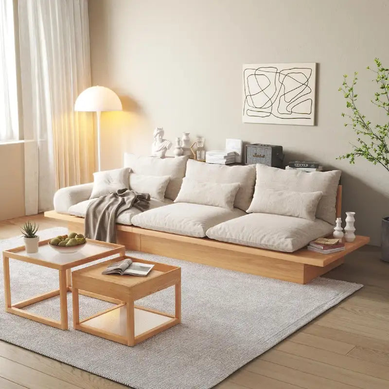 Beige Cotton Linen Sofa with Wood Frame and Storage