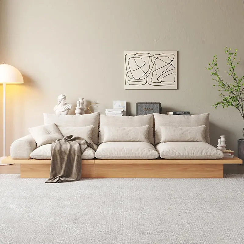 Beige Cotton Linen Sofa with Wood Frame and Storage