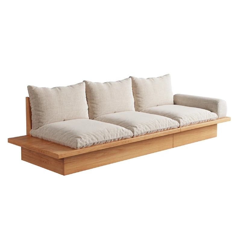 Beige Cotton Linen Sofa with Wood Frame and Storage