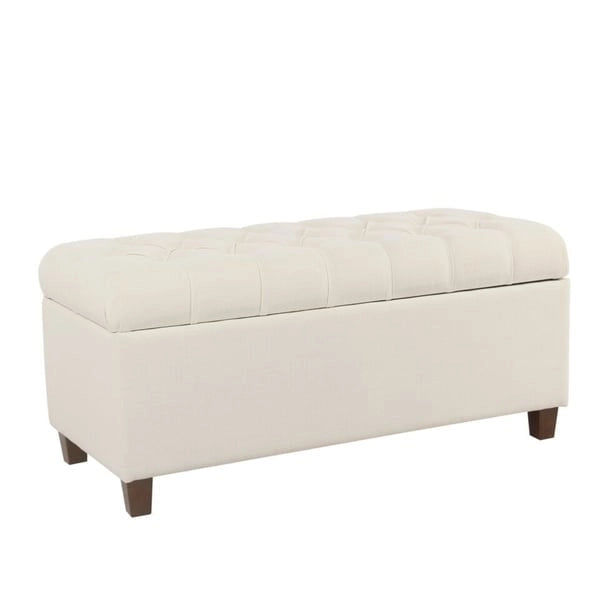 Button Tufted Storage Bench with Walnut Legs Cream Fabric