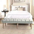 Grey Button-Tufted Upholstered Bench with Distressed Wood Legs