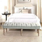 Grey Button-Tufted Upholstered Bench with Distressed Wood Legs