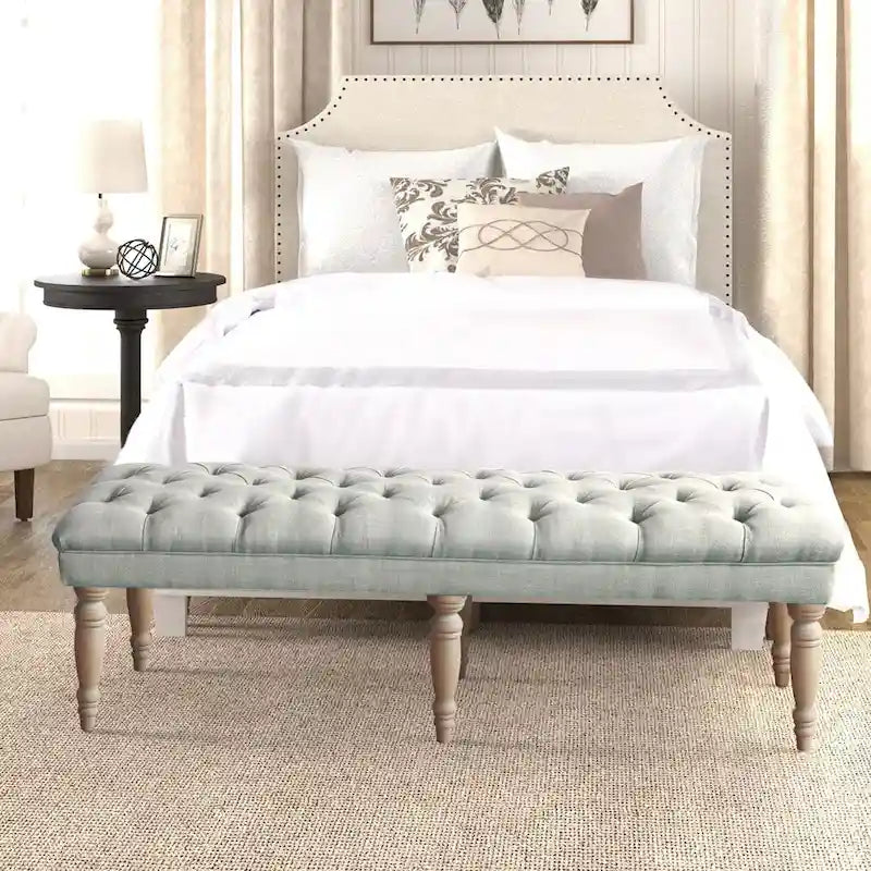 Grey Button-Tufted Upholstered Bench with Distressed Wood Legs