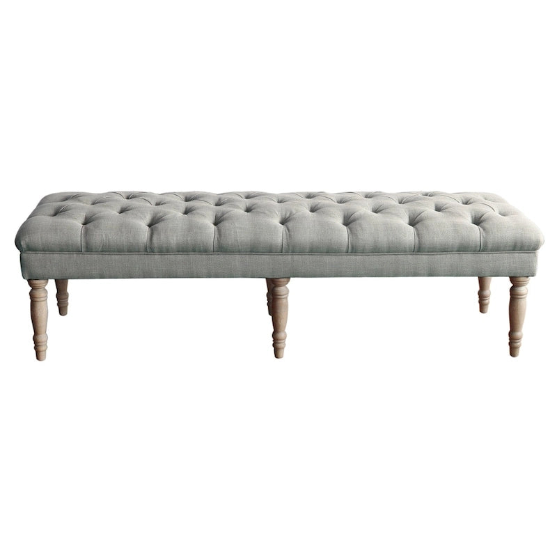 Grey Button-Tufted Upholstered Bench with Distressed Wood Legs