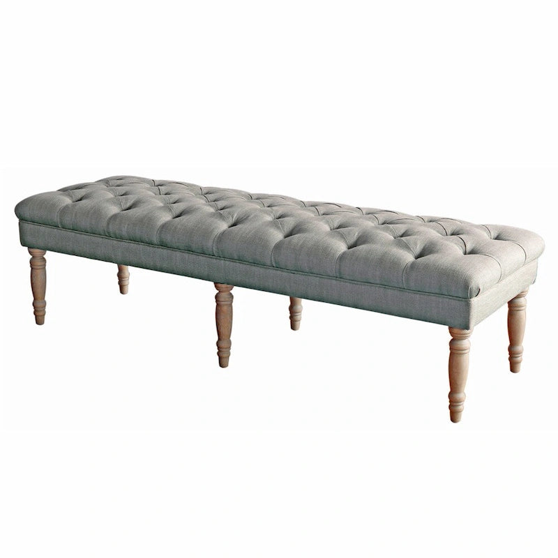 Grey Button-Tufted Upholstered Bench with Distressed Wood Legs