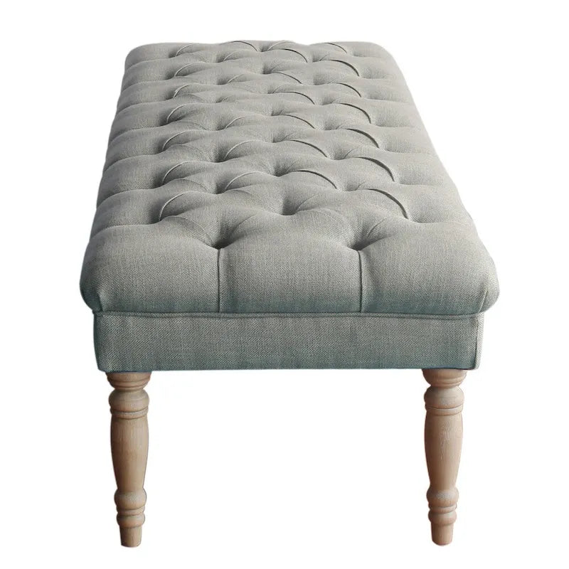 Grey Button-Tufted Upholstered Bench with Distressed Wood Legs