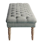 Grey Button-Tufted Upholstered Bench with Distressed Wood Legs