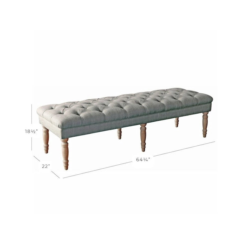 Grey Button-Tufted Upholstered Bench with Distressed Wood Legs