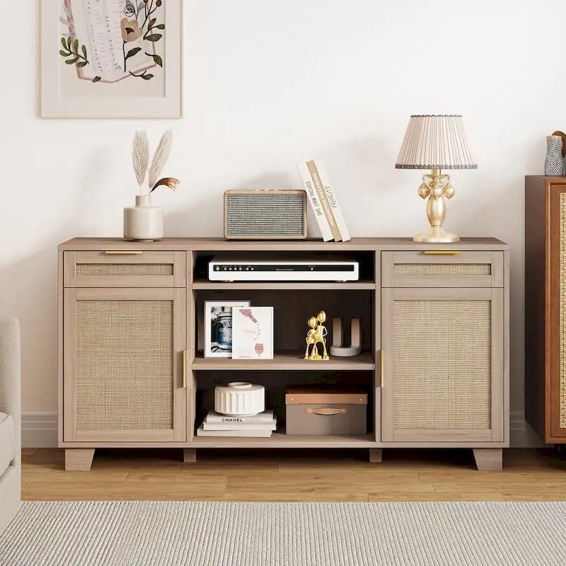 58 Inch Rattan TV Stand with Drawers and Adjustable Shelves
