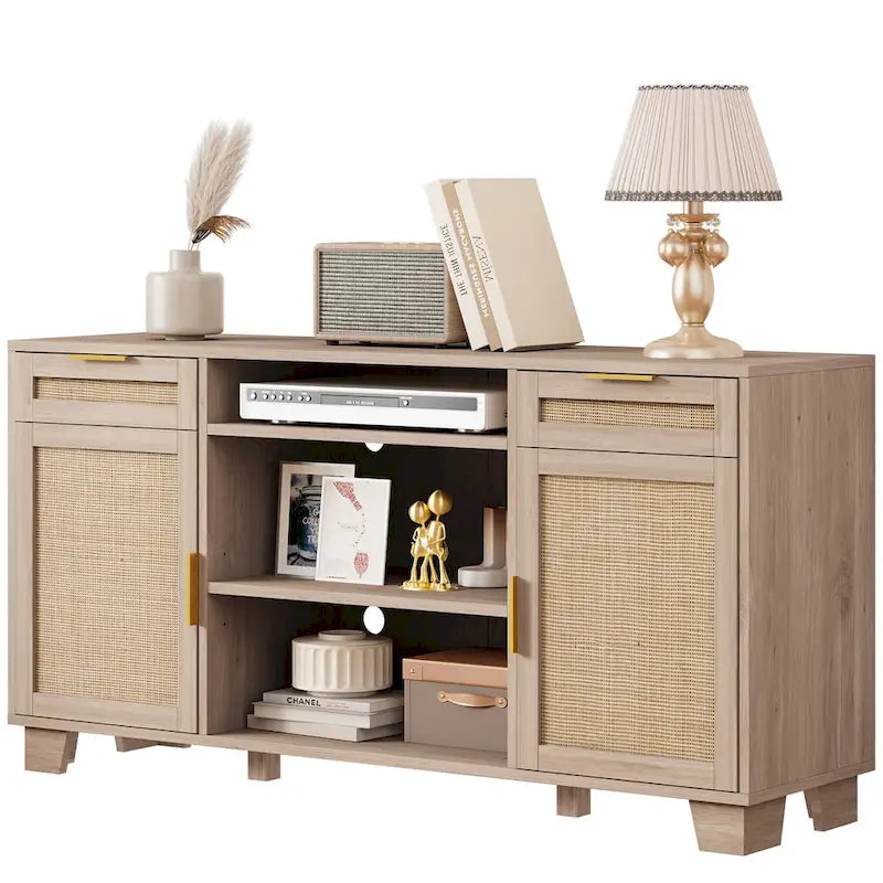 58 Inch Rattan TV Stand with Drawers and Adjustable Shelves
