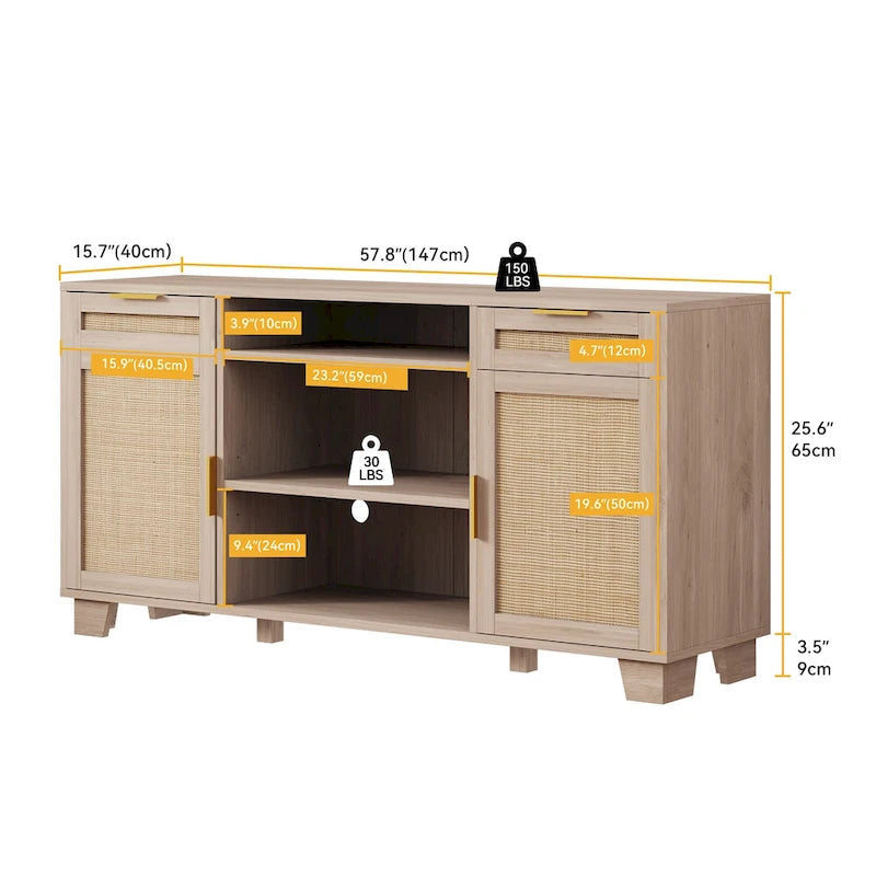 58 Inch Rattan TV Stand with Drawers and Adjustable Shelves