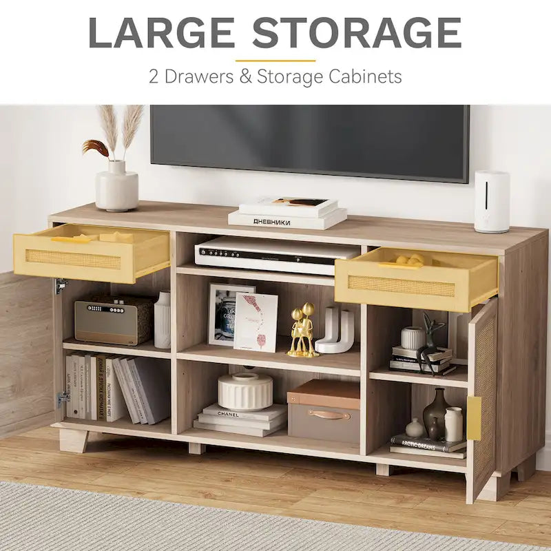 58 Inch Rattan TV Stand with Drawers and Adjustable Shelves