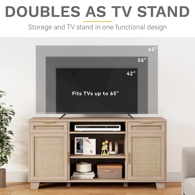 58 Inch Rattan TV Stand with Drawers and Adjustable Shelves