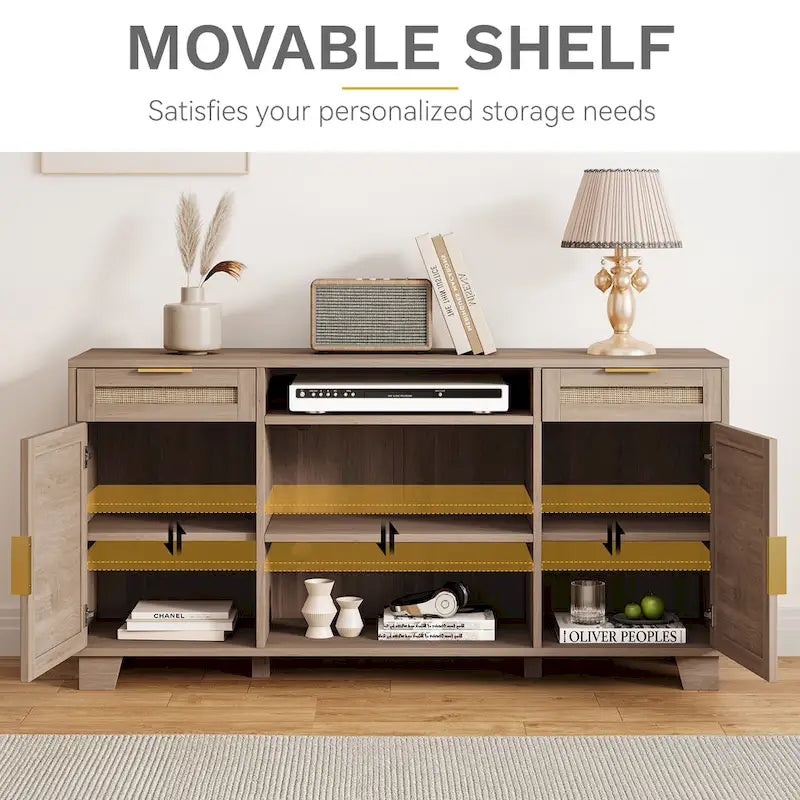 58 Inch Rattan TV Stand with Drawers and Adjustable Shelves